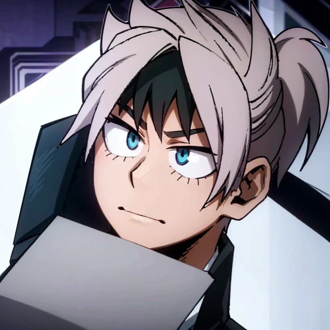 1boy, male focus, boku no hero academia, masterpiece, best quality, very aesthetic, muscular body, spiked up hair, faded purple hair, blue eyes, frown, gray jacket, red tie, white shirt, teal pants, boots 