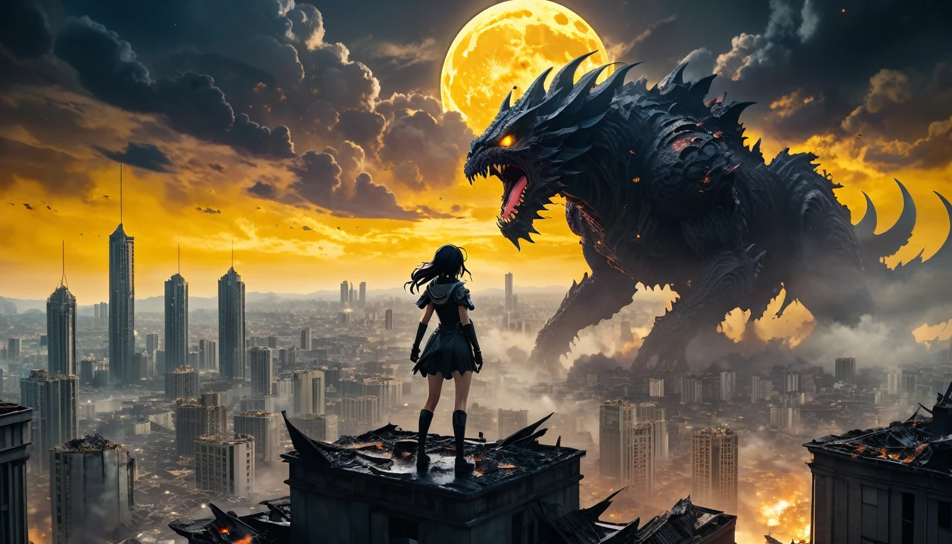 8K high-resolution images, Woman standing on top of a building,anime, A city destroyed by a space monster, Devouring people, Corpses Everywhere, Yellow sky and black clouds, In the background is a giant space monster devouring the moon.. 