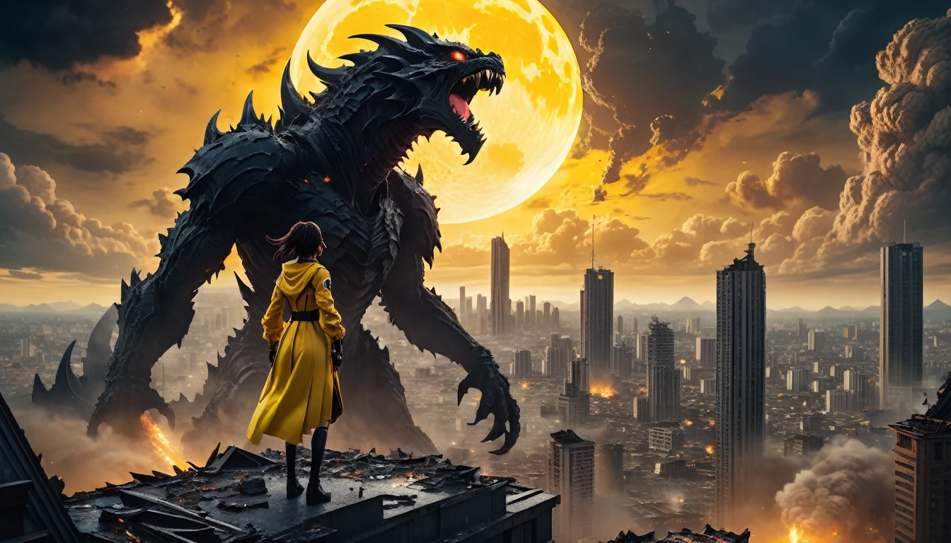 8K high-resolution images, Woman standing on top of a building,anime, A city destroyed by a space monster, Devouring people, Corpses Everywhere, Yellow sky and black clouds, In the background is a giant space monster devouring the moon.. 