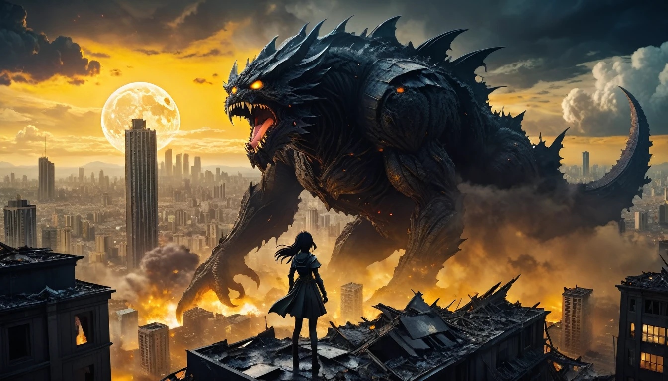 8K high-resolution images, Woman standing on top of a building,anime, A city destroyed by a space monster, Devouring people, Corpses Everywhere, Yellow sky and black clouds, In the background is a giant space monster devouring the moon..