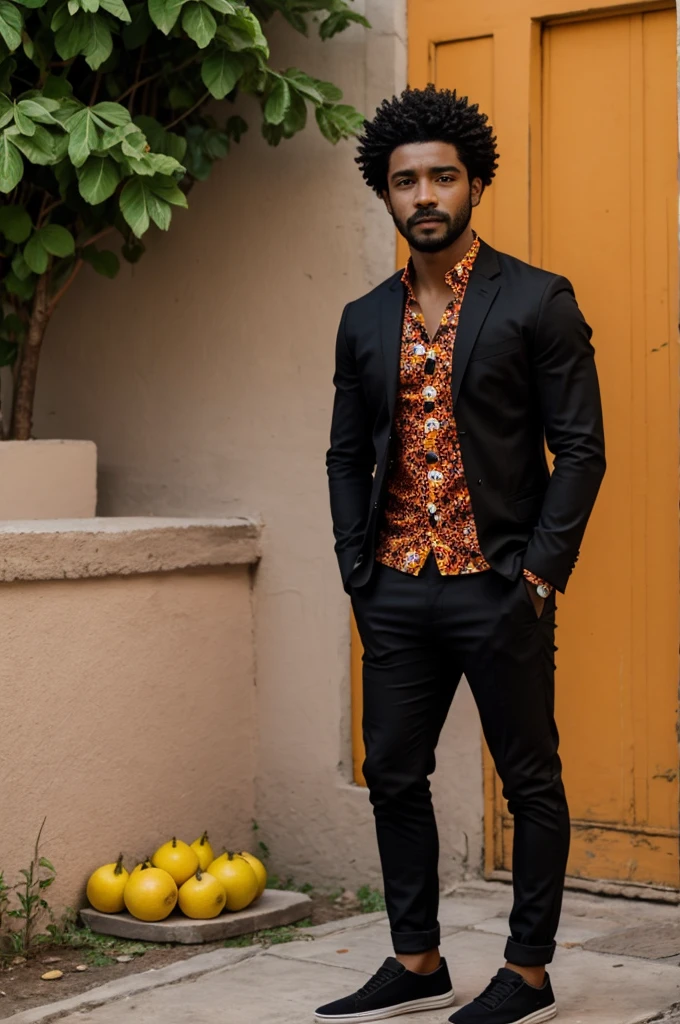 Un chico de pelo negro con ojos naranjas y ropa negra
