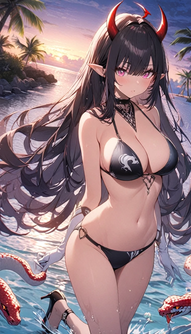 1girl, solo, long hair, breasts, looking at viewer, bangs, large breasts, gloves, cleavage, swimsuit, bikini, outdoors, horns, sky, pointy ears, cloud, pink eyes, water, high heels, tree, night, beach, snake, palm tree ,