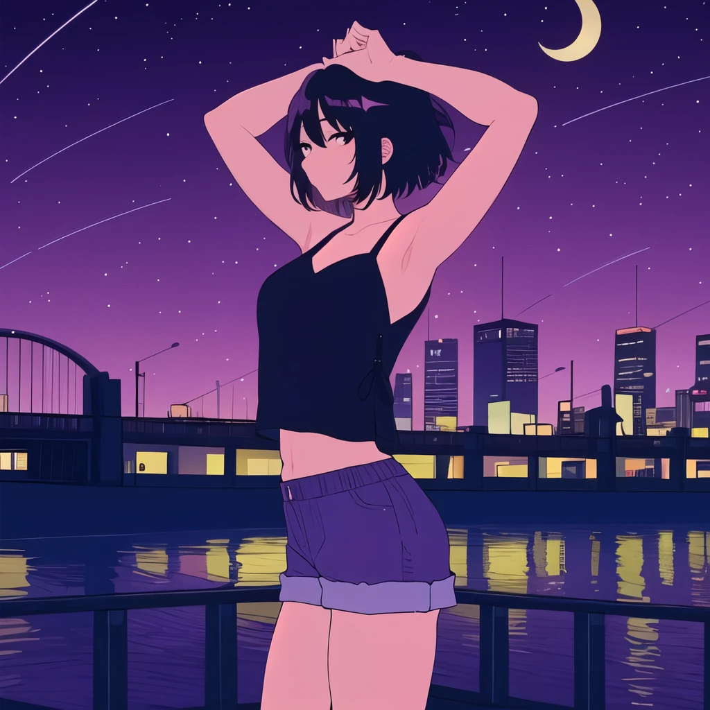 (masterpiece, best quality:1.2), HIZUMI,1girl, black hair, bridge, building, chain-link fence, city, city lights, cityscape, cloud, cloudy sky, cowboy shot, crescent moon, drawstring, fence, arms up, showing her armpits, tank top, armpits, house, looking at viewer, looking to the side, moon, night, night sky, outdoors, purple sky, railing, rooftop, shooting star, short hair, shorts, sky, skyline, skyscraper, solo, star \(sky\), starry sky, town, twilight