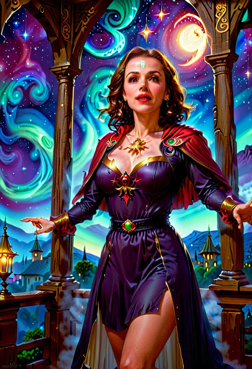 uma bela e requintada mulher (Alyssa Milano as Phoebe Halliwell, from the Charmed series) standing under the starry night sky on the balcony of her monastery, action photo, dynamic angle (ultra detalhado, Obra-prima, melhor qualidade), rosto ultra detalhado (ultra detalhado, Obra-prima, melhor qualidade), ultra feminina, (pele clara: 1,3), cabelos ondulados, dynamic eye color, olhos frios, olhos brilhantes, olhos intensos, dark red lips, [presas], vestindo preto (ultra detalhado, obra-prima , melhor qualidade), usando capa branca (ultra detalhada, Obra-prima, melhor qualidade), capa longa, flowing cape (ultra detalhada, Obra-prima, melhor qualidade), usando botas de salto alto, sky full of stars in the background, lua, action photo, detalhes altos, melhor qualidade, 16k, [ultra detalhado], obra-prima, melhor qualidade, (ultra detalhado), corpo inteiro, foto ultra ampla, fotorrealismo, arte de fantasia sombria, arte de fantasia sombria, muitas estrelas, escuro arte de fantasia, feeling dread. 