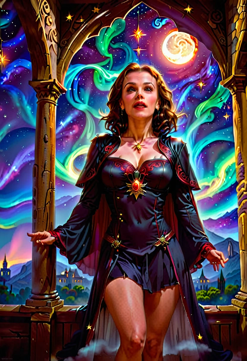 uma bela e requintada mulher (Alyssa Milano as Phoebe Halliwell, from the Charmed series) standing under the starry night sky on the balcony of her monastery, action photo, dynamic angle (ultra detalhado, Obra-prima, melhor qualidade), rosto ultra detalhado (ultra detalhado, Obra-prima, melhor qualidade), ultra feminina, (pele clara: 1,3), cabelos ondulados, dynamic eye color, olhos frios, olhos brilhantes, olhos intensos, dark red lips, [presas], vestindo preto (ultra detalhado, obra-prima , melhor qualidade), usando capa branca (ultra detalhada, Obra-prima, melhor qualidade), capa longa, flowing cape (ultra detalhada, Obra-prima, melhor qualidade), usando botas de salto alto, sky full of stars in the background, lua, action photo, detalhes altos, melhor qualidade, 16k, [ultra detalhado], obra-prima, melhor qualidade, (ultra detalhado), corpo inteiro, foto ultra ampla, fotorrealismo, arte de fantasia sombria, arte de fantasia sombria, muitas estrelas, escuro arte de fantasia, feeling dread. 
