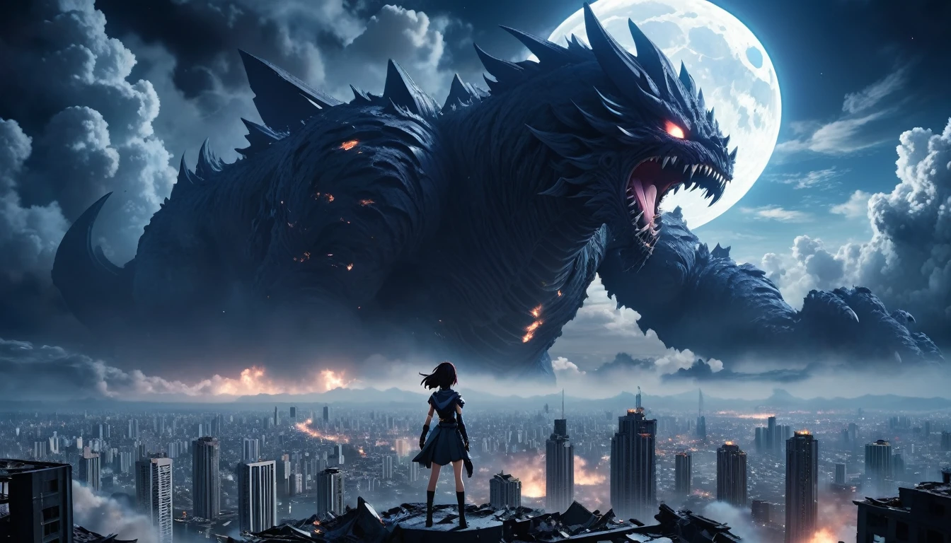 8K high-resolution images, Woman standing on top of a building,anime, A city destroyed by a space monster, Devouring people, cloud, In the background is a giant space monster devouring the moon.. 