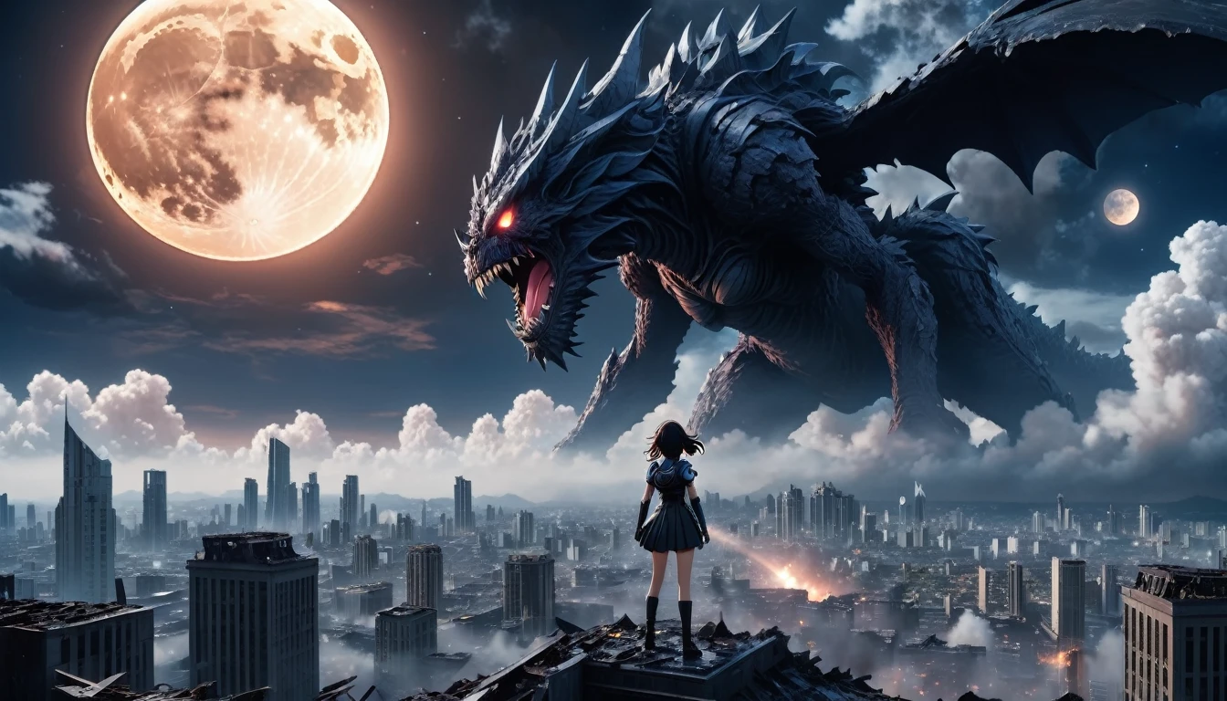 8K high-resolution images, Woman standing on top of a building,anime, A city destroyed by a space monster, Devouring people, cloud, In the background is a giant space monster devouring the moon.. 