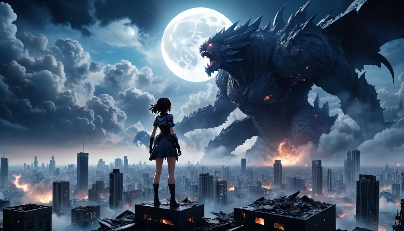 8K high-resolution images, Woman standing on top of a building,anime, A city destroyed by a space monster, Devouring people, cloud, In the background is a giant space monster devouring the moon..