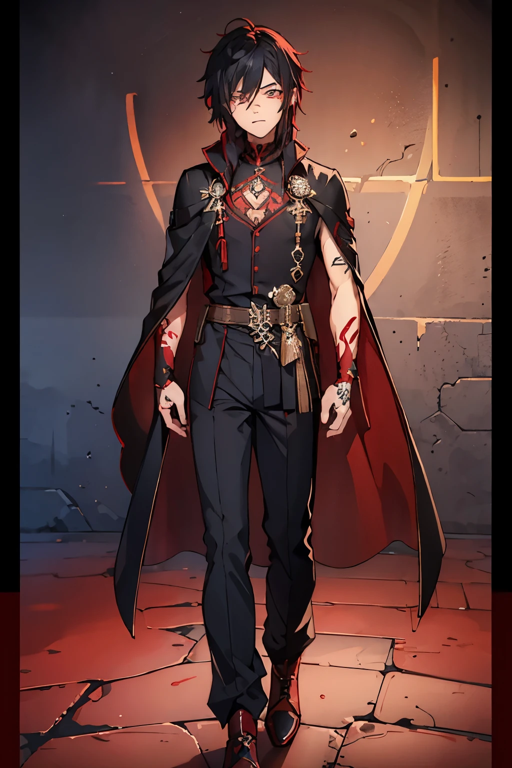 4K high resolution, one male, (((Rune Tattoos))), red and black hair, prince knight dress gown, pants, cape 