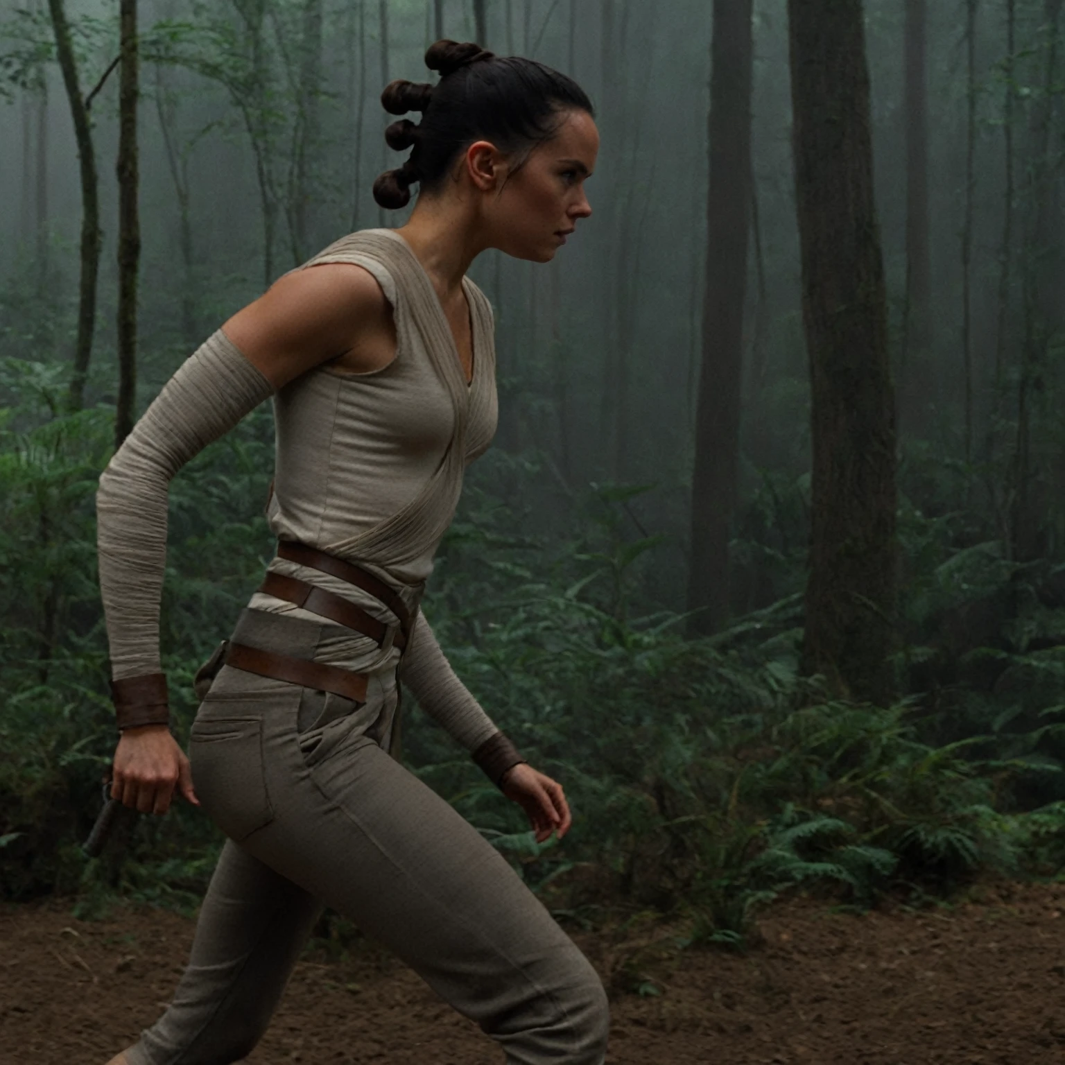 cinematic film still rey, highly detailed, high budget Hollywood movie by barry jenkins, ((she is showing her very small ass)), (nsfw), solo 1 woman, ass is focus but its still covered in the pants, (sideprofile), rey wears her outfit without scarves, very flat small   covered behind the clothes, the foto is shot from the side and shows rey