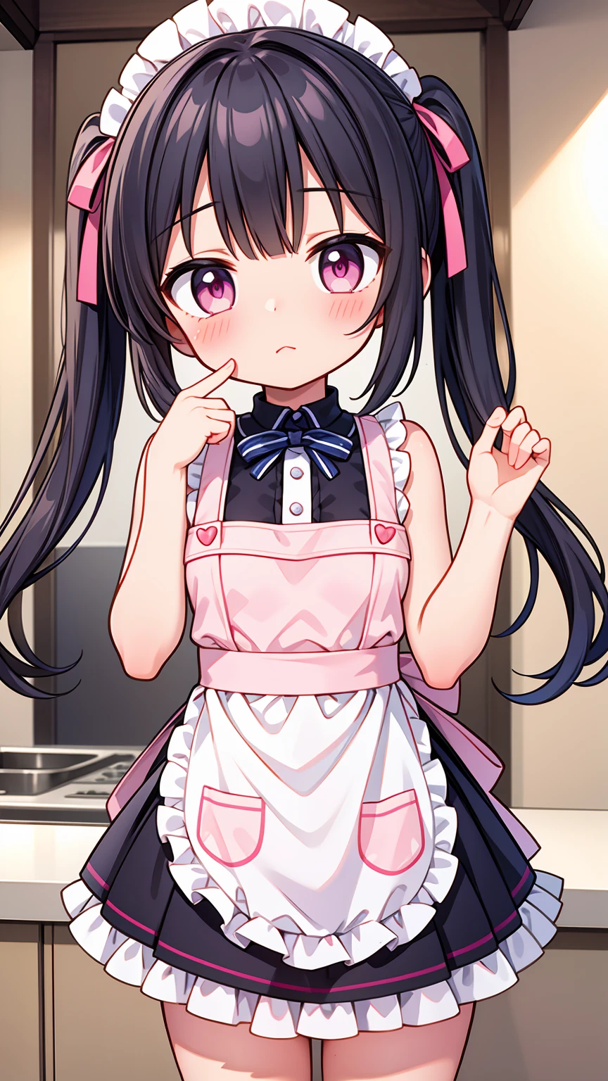 (8K, Highest image quality, highest quality, masterpiece), detailed face, ((li girl)), (little loli curve) , black hair, short twintails, pink eyes, small breasts, naked apron, cowboy shot, put your hand on your mouth, kitchen background, ((very blushing)), ((detailed hands and fingers)), viewer perspective from below, (very blushing), (very much in love with the viewer)