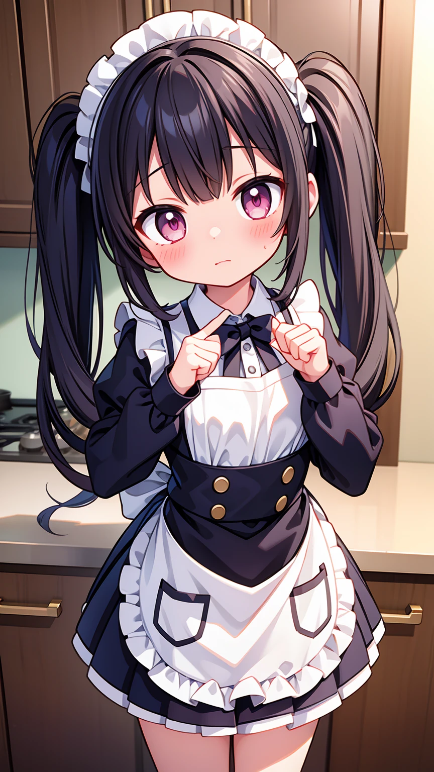 (8K, Highest image quality, highest quality, masterpiece), detailed face, (( girl)), (little lolive) , black hair, short twintails, pink eyes, small breasts, naked apron, cowboy shot, put your hand on your mouth, kitchen background, ((very blushing)), ((detailed hands and fingers)), viewer perspective from below, (very blushing), (very much in love with the viewer)