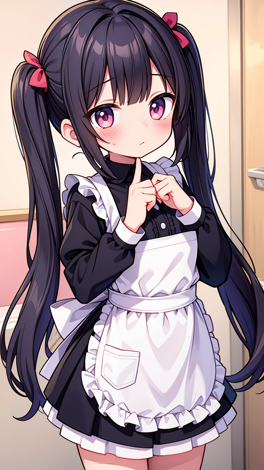 (8K, Highest image quality, highest quality, masterpiece), detailed face, ((loli girl)), (little loli curve) , black hair, short twintails, pink eyes, small breasts, naked apron, cowboy shot, put your hand on your mouth, kitchen background, ((very blushing)), ((detailed hands and fingers)), viewer perspective from below, (very blushing), (very much in love with the viewer)
