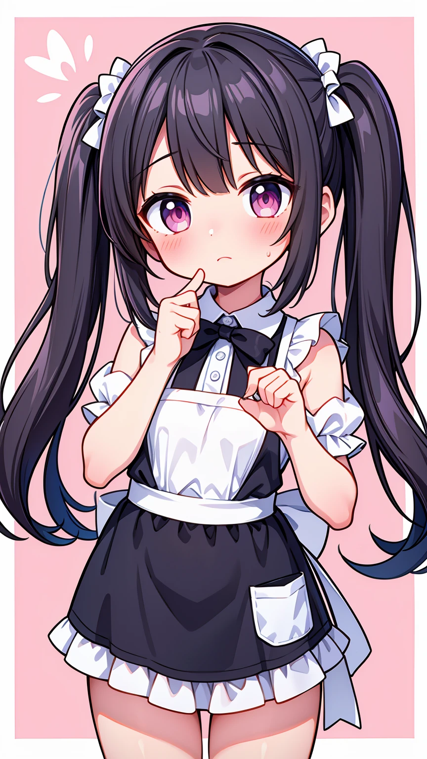 (8K, Highest image quality, highest quality, masterpiece), detailed face, ((loli girl)), (little loli curve) , black hair, short twintails, pink eyes, small breasts, naked apron, cowboy shot, put your hand on your mouth, kitchen background, ((very blushing)), ((detailed hands and fingers)), viewer perspective from below, (very blushing), (very much in love with the viewer)