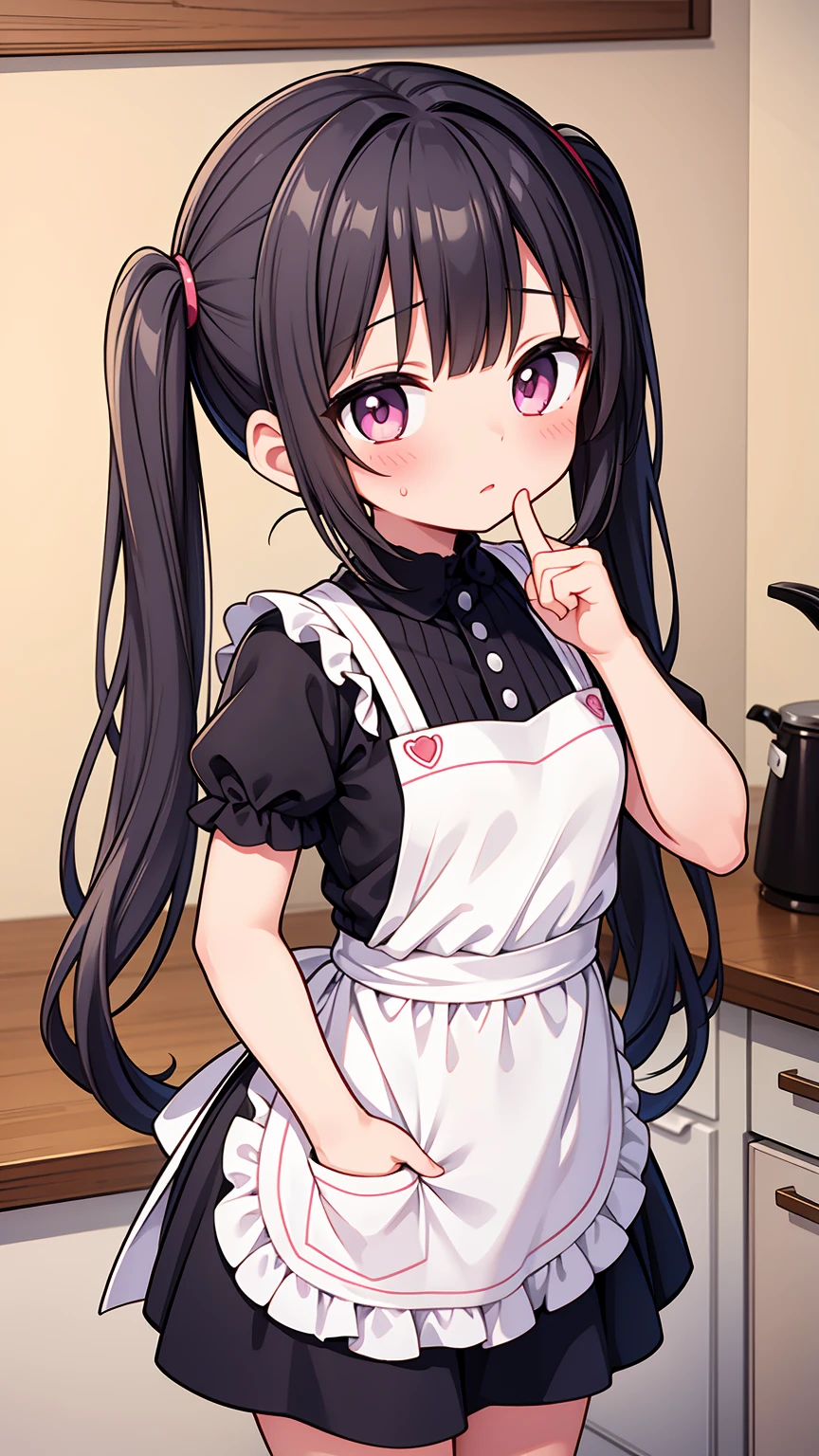 (8K, Highest image quality, highest quality, masterpiece), detailed face, ((loli girl)), (little loli curve) , black hair, short twintails, pink eyes, small breasts, naked apron, cowboy shot, put your hand on your mouth, kitchen background, ((very blushing)), ((detailed hands and fingers)), viewer perspective from below, (very blushing), (very much in love with the viewer)