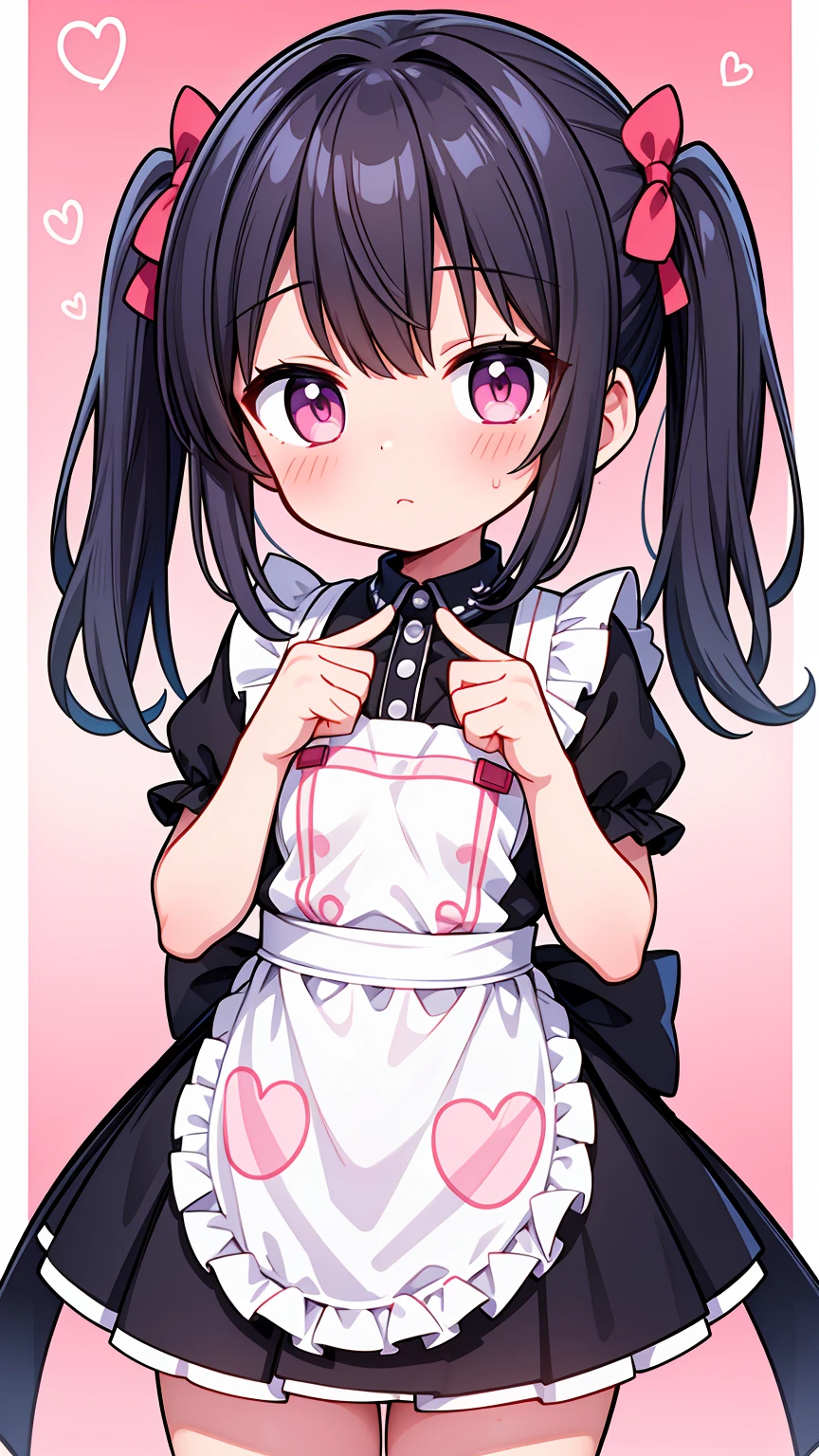 (8K, Highest image quality, highest quality, masterpiece), detailed face, ((loli girl)), (little loli curve) , black hair, short twintails, pink eyes, small breasts, naked apron, cowboy shot, put your hand on your mouth, kitchen background, ((very blushing)), ((detailed hands and fingers)), viewer perspective from below, (very blushing), (very much in love with the viewer)