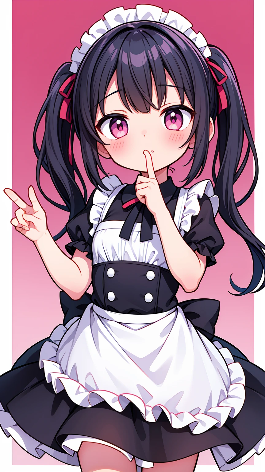 (8K, Highest image quality, highest quality, masterpiece), detailed face, ((loli girl)), (little loli curve) , black hair, short twintails, pink eyes, small breasts, naked apron, cowboy shot, put your hand on your mouth, kitchen background, ((very blushing)), ((detailed hands and fingers)), viewer perspective from below, (very blushing), (very much in love with the viewer)