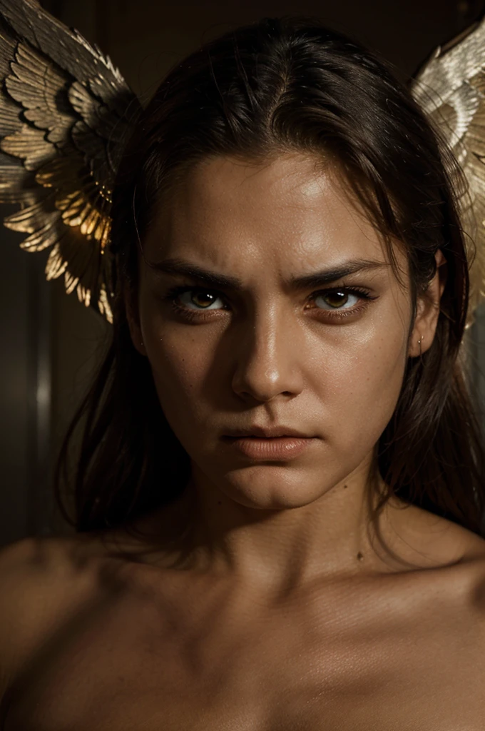 Face of angel Samael with a vengeful and furious look, his face as beautiful as that of the god Apollo in high definition with sunset behind 