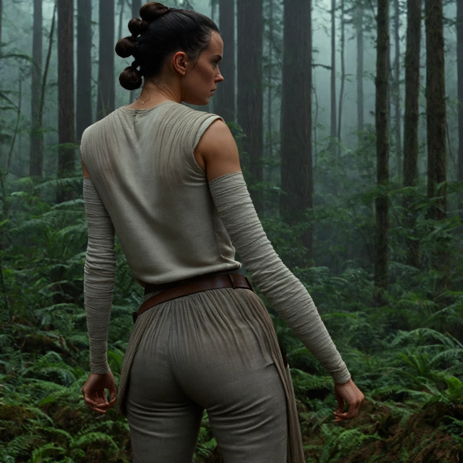 cinematic film still rey, highly detailed, high budget Hollywood movie by barry jenkins, ((she is showing her very small ass)), (nsfw), solo 1 woman, ass is focus but its still covered in the pants, (sideprofile), rey wears her outfit without scarves, very flat small   covered behind the clothes, the foto is shot from the side and shows rey