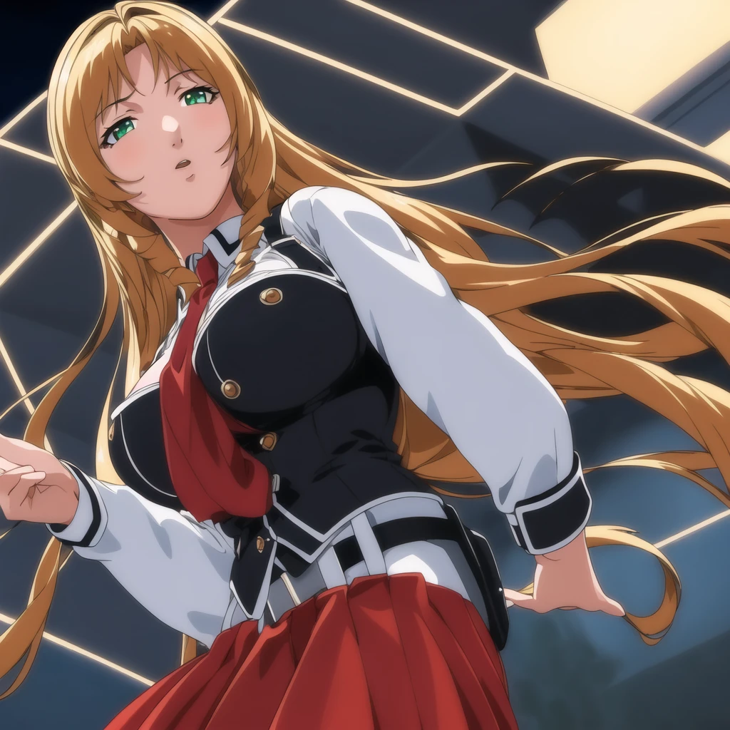 (Night:1.7), Japan, Tokyo, CityView, Before Window,
Standing at attention,(Upper_body:1.3),
White_shirt,long sleeves,Red pleated skirt, uniform,thighhighs,long sleeves,(belt:1.2),Red Tie,(Black_vest:1.3),
blonde hair,very long hair,Bangs,green eyes,Forehead,drill hair,
1 girl, 20yo,mature female,Beautiful Finger,Beautiful long legs,Beautiful body,Beautiful Nose,Beautiful character design, perfect eyes, perfect face,
looking at viewer,girl in the center of the image,
NSFW,official art,extremely detailed CG unity 8k wallpaper, perfect lighting,Colorful, Bright_Front_face_Lighting,
(masterpiece:1.0),(best_quality:1.0), ultra high res,4K,ultra-detailed,
photography, 8K, HDR, highres, absurdres:1.2, Kodak portra 400, film grain, blurry background, bokeh:1.2, lens flare, (vibrant_color:1.2)
(Beautiful,Large_Breasts:1.2), (beautiful_face:1.5),(narrow_waist),