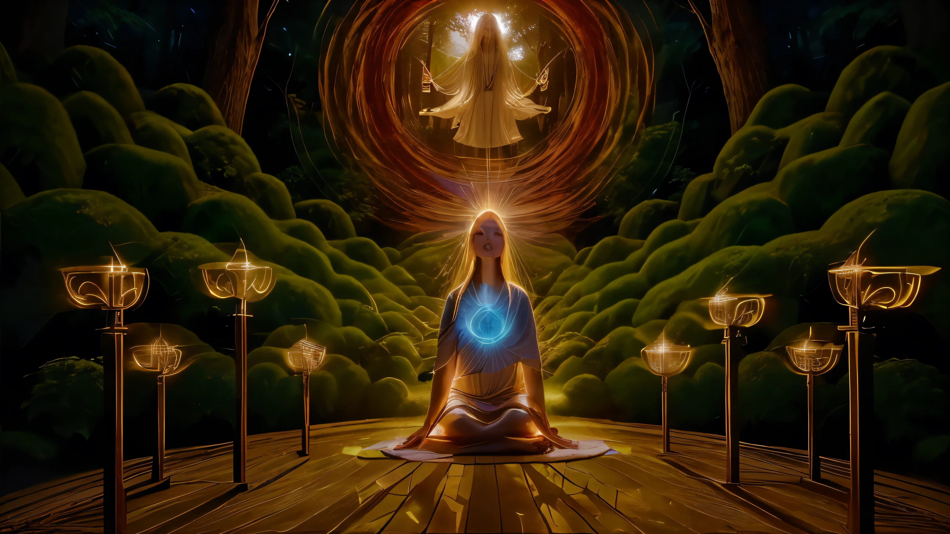 Create a mystical 4K image of a group of people meditating in a circle, positioned in a serene natural setting such as a forest clearing or by a riverbank. Beams of light descend from the sky, symbolizing spiritual connection and mutual support and understanding among them. The atmosphere should evoke tranquility, unity, and a deep sense of spiritual harmony.