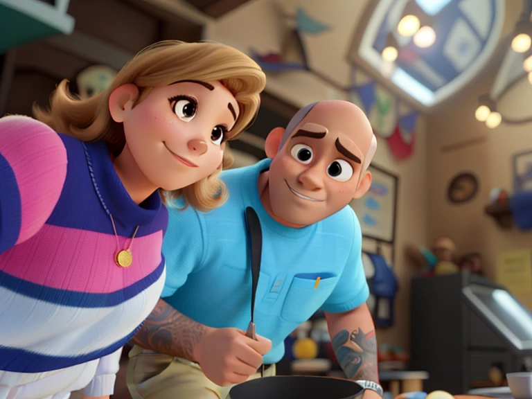 Um casal no estilo Disney pixar, alta qualidade, melhor qualidade. Ele cor parda careca sem barba ela branca cabelo curto e loiro