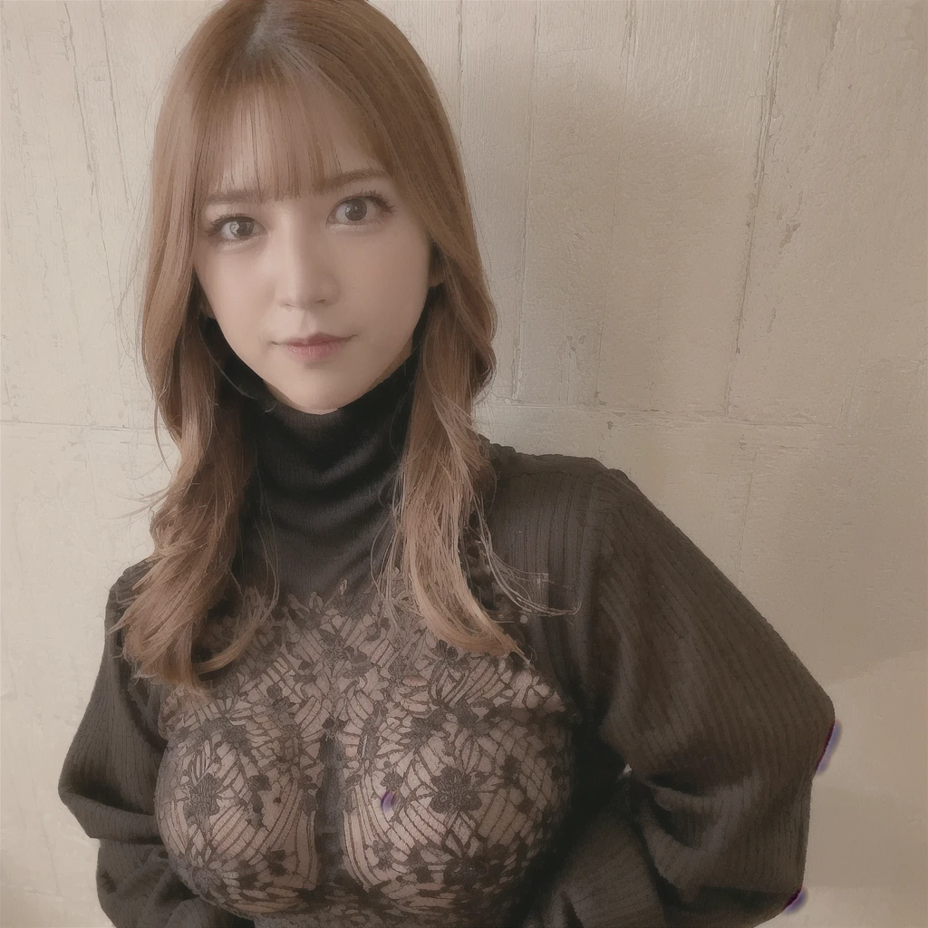 黒いturtleneckのセーターを着た日本女性、 (((masterpiece))), ((Highest quality)), ((Intricate details)), (((超Realistic)), irrational solution, Near and far, Very detailed, Realistic, 1 girl, ((Big Breasts)), Perfect hands, Finger details, Beautiful and detailed, short hair, Brown eyes,(turtleneck:1.2), Tight Skirt, Detailed Background, choker, Perfect Eyes, Captivating eyes, Looking at the audience, from the front、Laughter、Moles around the mouth、Knitted dress、((Nipples))