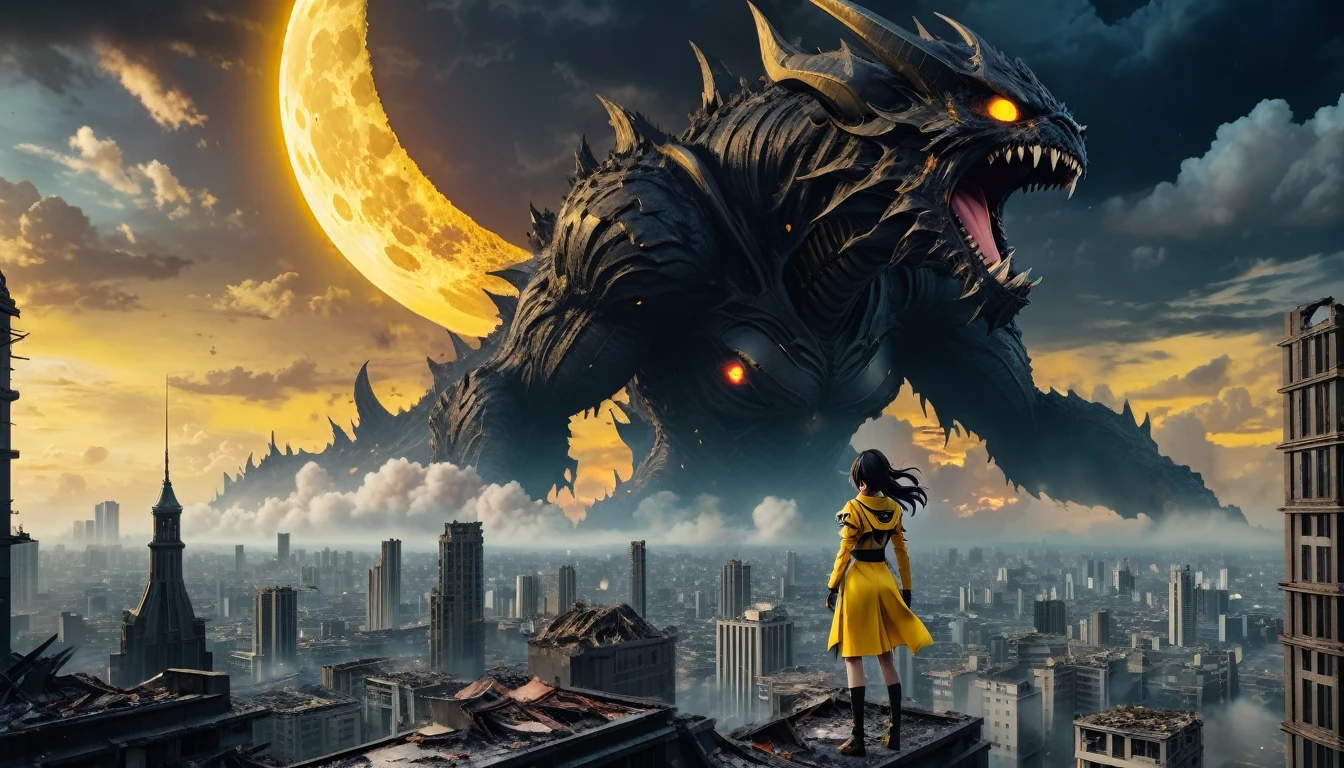8K high-resolution images, Woman standing on top of a building,anime, A city destroyed by a space monster, Devouring people, Corpses Everywhere, Yellow sky and black clouds, In the background is a giant space monster devouring the moon..