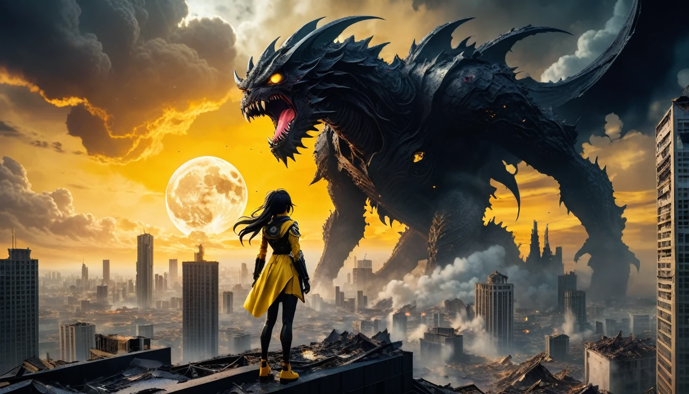8K high-resolution images, Woman standing on top of a building,anime, A city destroyed by a space monster, Devouring people, Corpses Everywhere, Yellow sky and black clouds, In the background is a giant space monster devouring the moon..