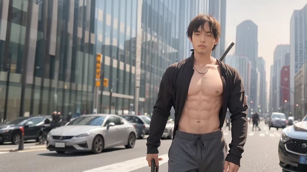 a man with a katana in his hand , musculoso, vestimenta armadura, vertical view, imagem do corpo pra cima