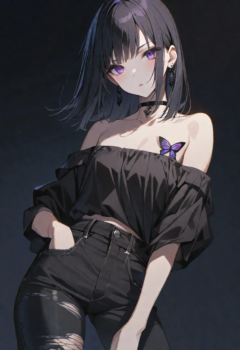 solo, handsome, 
1. Female,
Hime cut,Straight Hair,Bob Hair, 
black hair, 
Nakano Yotsuba,
purple Eyes,Soft look,beautiful,beautiful,Sexy,Darkness,butterfly Tattoo,Lots of black earrings,choker,
black Off Shoulder,black Distressed jeans,
skin,Black Rose,Alluring,
black  background,