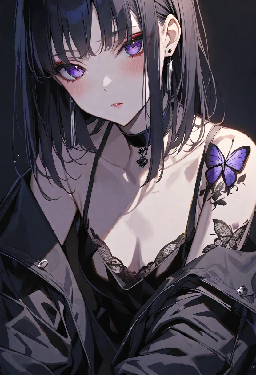 solo, handsome,
1. Female,
Hime cut,Straight Hair,Bob Hair,
black hair,
Nakano Yotsuba,
purple Eyes,Soft look,beautiful,beautiful,Sexy,Darkness,butterfly Tattoo,Lots of black earrings,choker,
black Off Shoulder,black Distressed jeans,
skin,Black Rose,Alluring,
black background,