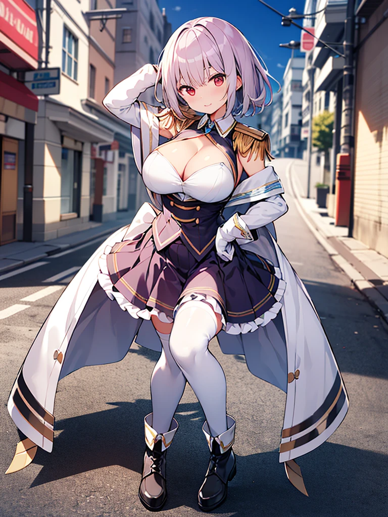 (full body),masterpiece, Highest quality, High resolution, male, short hair, Hello, Red eyes, Large Breasts, Cleavage, Epaulettes, White gloves, Elbow hand pockets, Purple Skirt, Knee socks, Cowboy Shot, (Pose in front, Squat,Place your hands behind your head.),Straight, street,