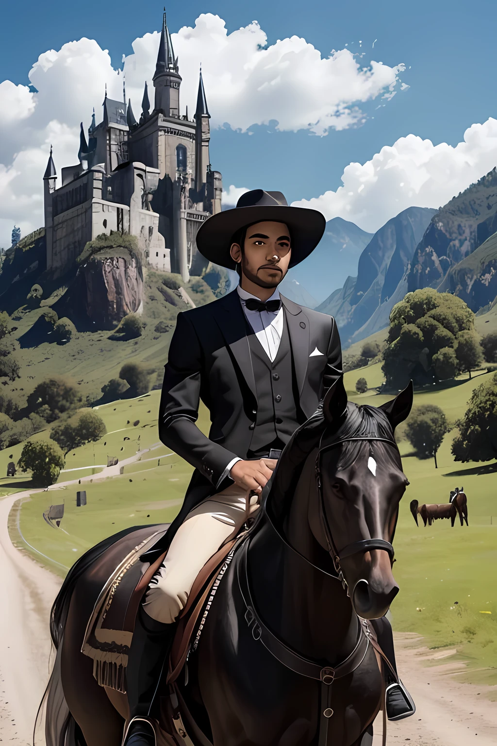 Hombre joven con sombrero negro y ropa totalmente negra montado en un gran caballo negro, They are in a beautiful valley and in the background there is a large Gothic castle.