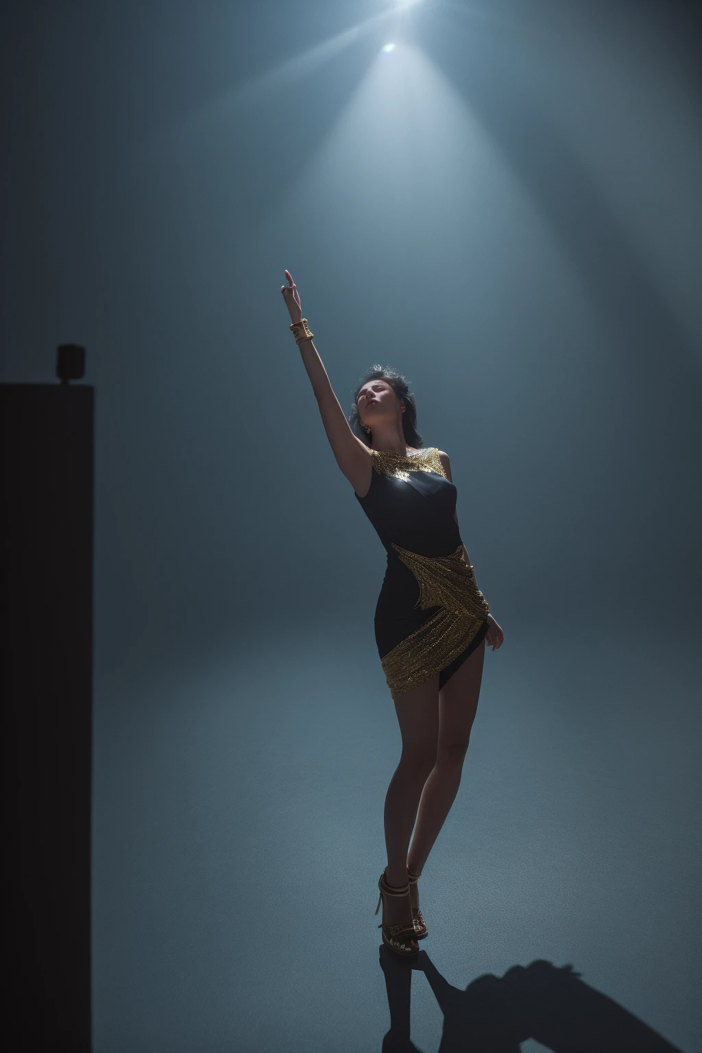 throw,(8k, RAW Photos, Highest quality, masterpiece:1.2),(Realistic, photo-Realistic:1.37),Photo Mapping,Professional Lighting,Radio City,One girl,alone,length_hair,(bracelet:1.1),(length legs:1.2),(Earrings:1.1),Physically Based Rendering,Proscenium,performance,Egyptian costume,Dark blue and gold dress,Shiny Dress,The right move,Halo above head,The light illuminates the face in a dark room,
