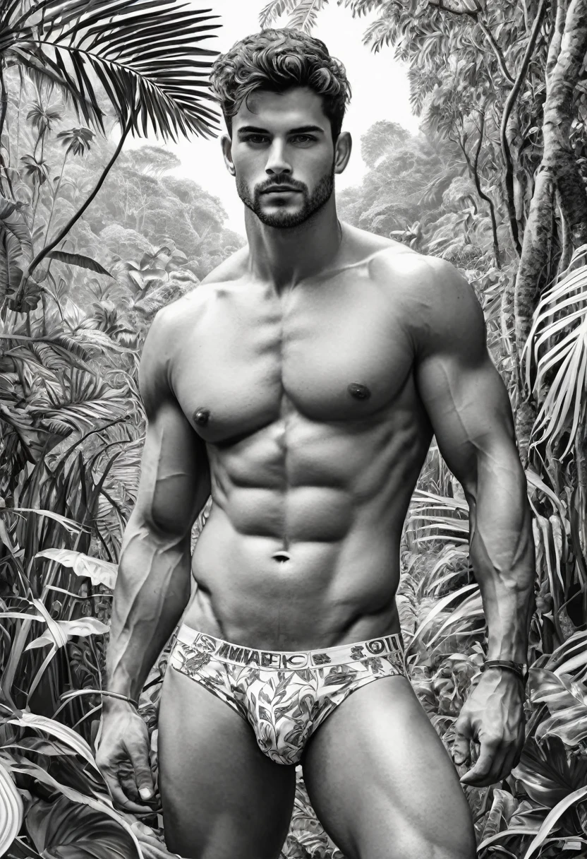 Coloring page for adults, com arte em preto e branco, um homem bonito, com lindos olhos, vestindo apenas cueca brancos, com estilo cativante, galante, sedutor, muito sensual, sexually provocative action, large volume of penis highlighted in underwear, comprimento total do corpo, desenho ultra detalhado, this man is in a jungle, com uma bela paisagem, estilo realista, fundo branco, sketch style, apenas contornos, estilo de desenho animado, Linhas finas, livro de colorir, Linhas limpas, sharp lines, arte de linha limpa altamente detalhada, obras de arte requintadas.