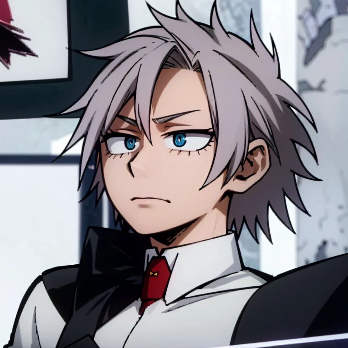 1boy, male focus, boku no hero academia, masterpiece, best quality, very aesthetic, muscular body, spiked up hair, faded purple hair, blue eyes, frown, gray jacket, red tie, white shirt, teal pants, boots