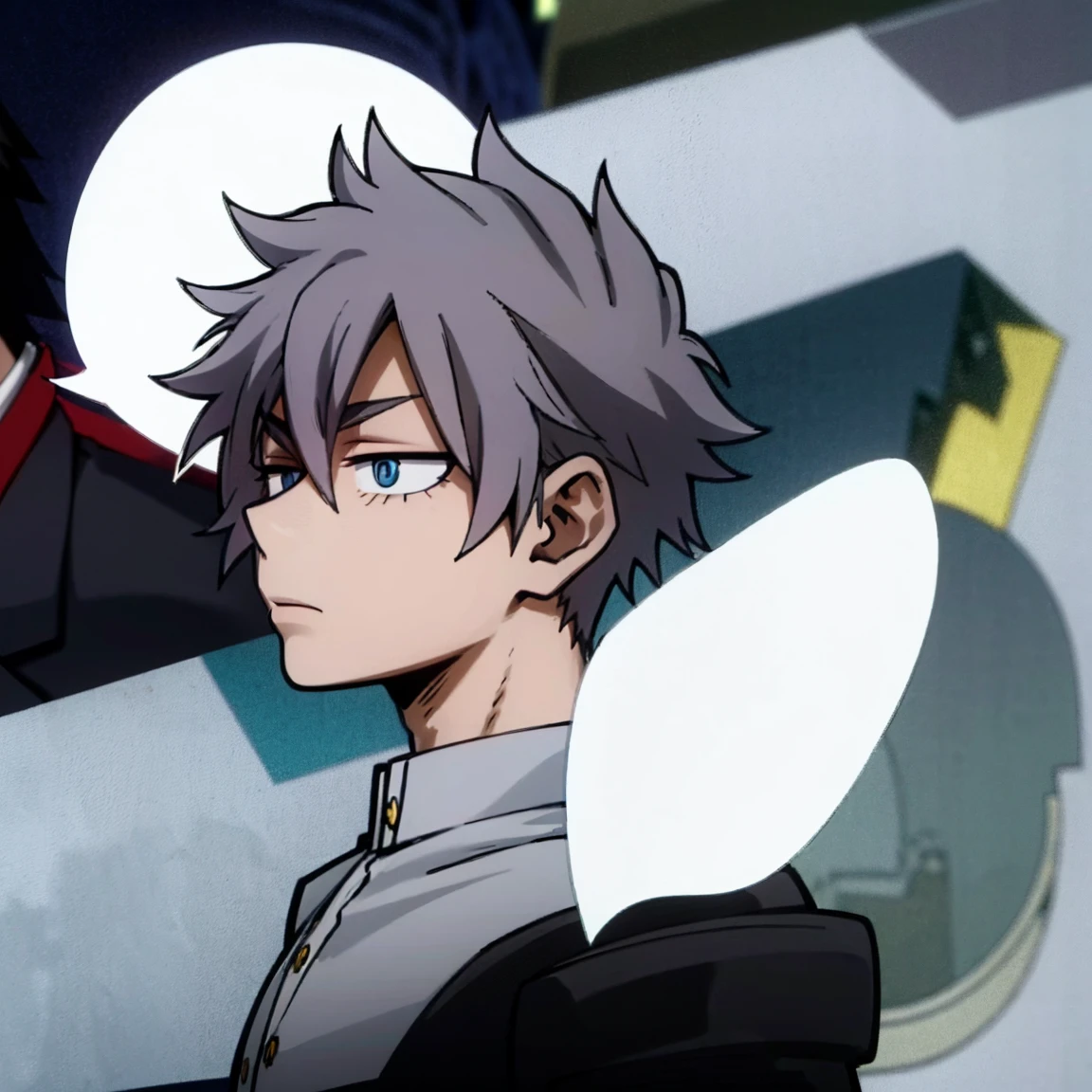 1boy, male focus, boku no hero academia, masterpiece, best quality, very aesthetic, muscular body, spiked up hair, faded purple hair, blue eyes, frown, gray jacket, red tie, white shirt, teal pants, boots 