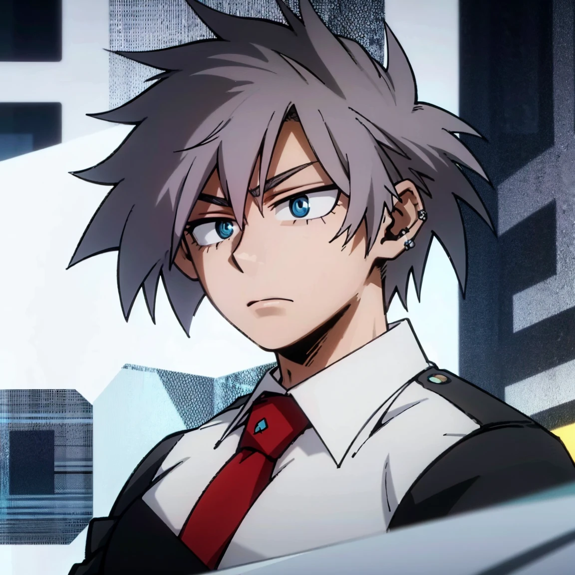 1boy, male focus, boku no hero academia, masterpiece, best quality, very aesthetic, muscular body, spiked up hair, faded purple hair, blue eyes, frown, gray jacket, red tie, white shirt, teal pants, boots 