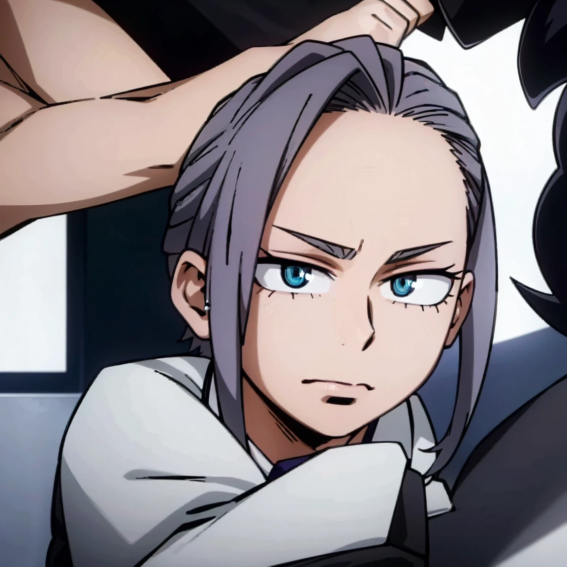 1boy, male focus, boku no hero academia, masterpiece, best quality, very aesthetic, muscular body, spiked up hair, faded purple hair, blue eyes, frown, gray jacket, red tie, white shirt, teal pants, boots 