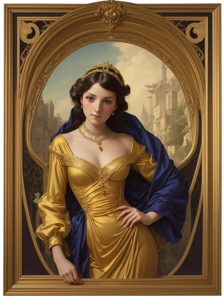 Art nouveau, young girl 13 years old dressed in golden silk, Don Lawrence, digital, D'Albert Uderzo and Frank Bellamy, oil and ink