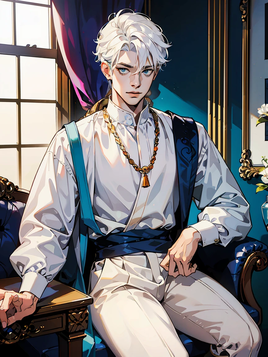 1boy, 25 years old, young, man, white hair, blue eyes, belle pose d'anime, MC male lead, webtoon, cheveux blancs, hades style, hades game, hypnos, tartarus scenery, fumes, greek columns in background, lots of columns, greek architecture, luminous, boss, formal business outfit, white outfit, arrogant look, white themed image, mainly white furniture, orange touches of color