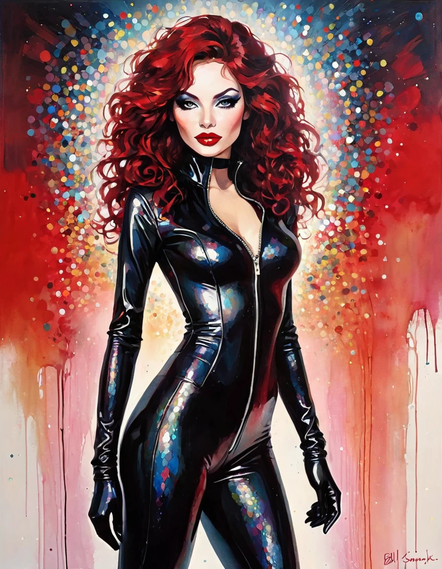 leather catsuit, zipper, skintight, perfect body, narrow waist, wavy hair, glitter, sparkles, makeup, eyeshadow, mascara, eyeliner, blush, red lips, eyelashes, layered hair, (art inspired by Bill Sienkiewicz). oil painting)