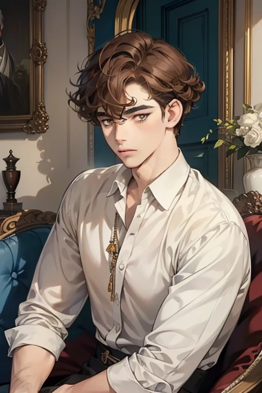 masterpiece, best quality, realistic, 1man, mature male, quiet and charming young man, 16 years old, adorable, closed mouth, portrait, extremely detailed face, soft smile, ((dark amber eyes)), ((short-sides-swept curly light brown hair)), [thick eyebrows], living-room, blue shit, sitting