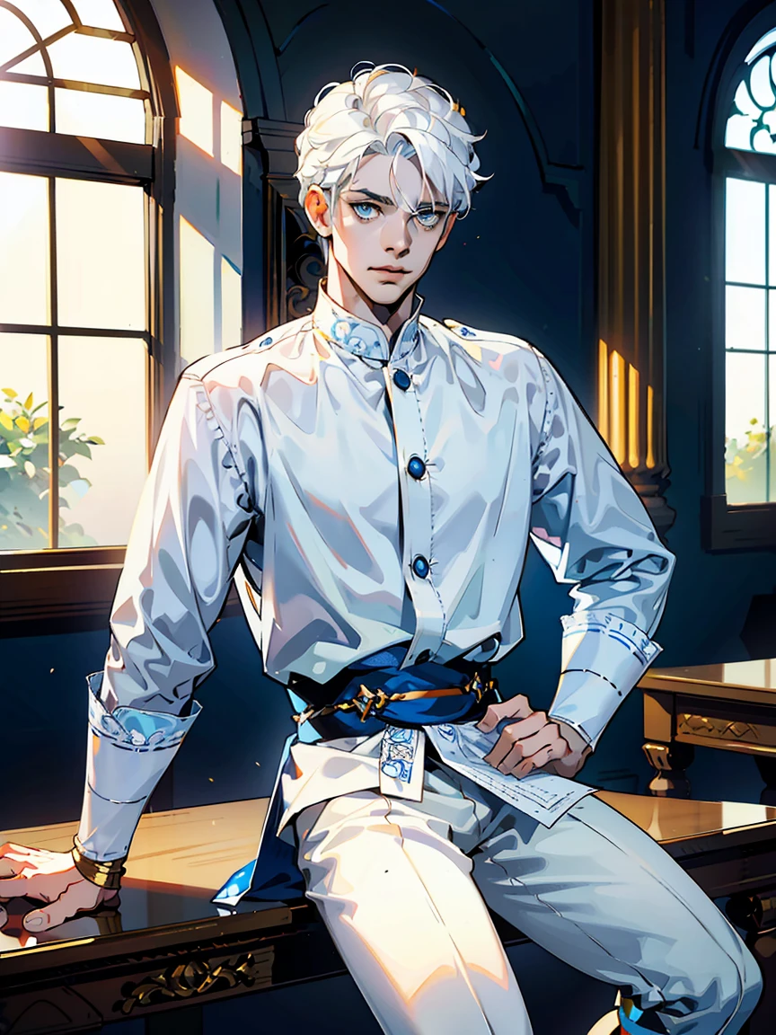 1boy, 25 years old, young, man, white hair, blue eyes, belle pose d&#39;anime, MC male lead, webtoon, cheveux blancs, hades style, hades game, hypnos, tartarus scenery, fumes, greek columns in background, lots of columns, greek architecture, boss, formal business outfit, white outfit, arrogant look, white themed image, mainly white furniture, orange touches of color