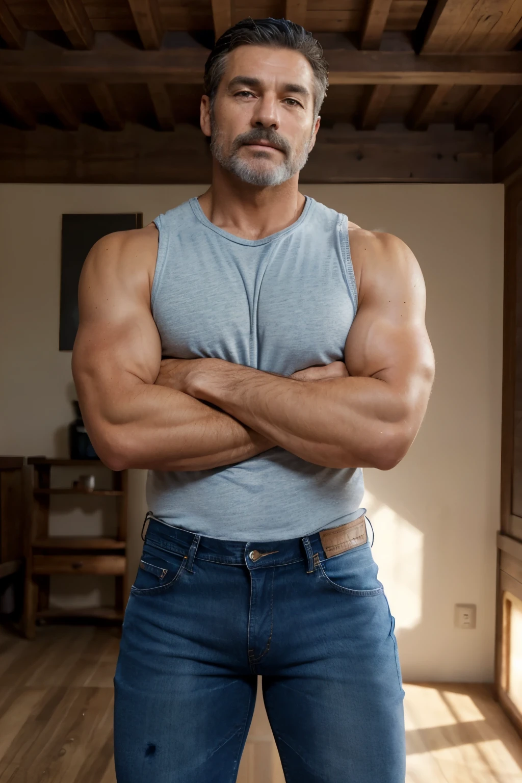 handsome mature man in his 50s,white man with a tanned complexion,(well-defined pecs and arm muscles),full body, facial hair styled into a neatly groomed beard,(intelligent and alluring eyes),a captivating, symmetric face with strong and defined facial features,a confident smirk on his lips,giving off an air of wisdom and rugged charm,beefy build that emanates strength and vitality. ((Full body)),  (((blue jeans)))  (((manly))) 