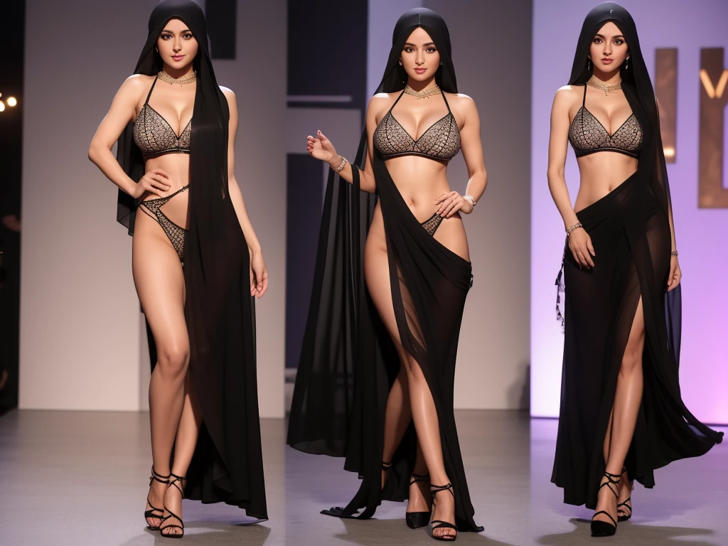 Ultra HD, masterpiece, 3d, sexy muslim girl, symmetrical face, sexy eyes, large boobies, sexy ass, clevage show, walking on the ramp, background modelling ramp, black sexy Thai showing burkha, black high heels, printed dress