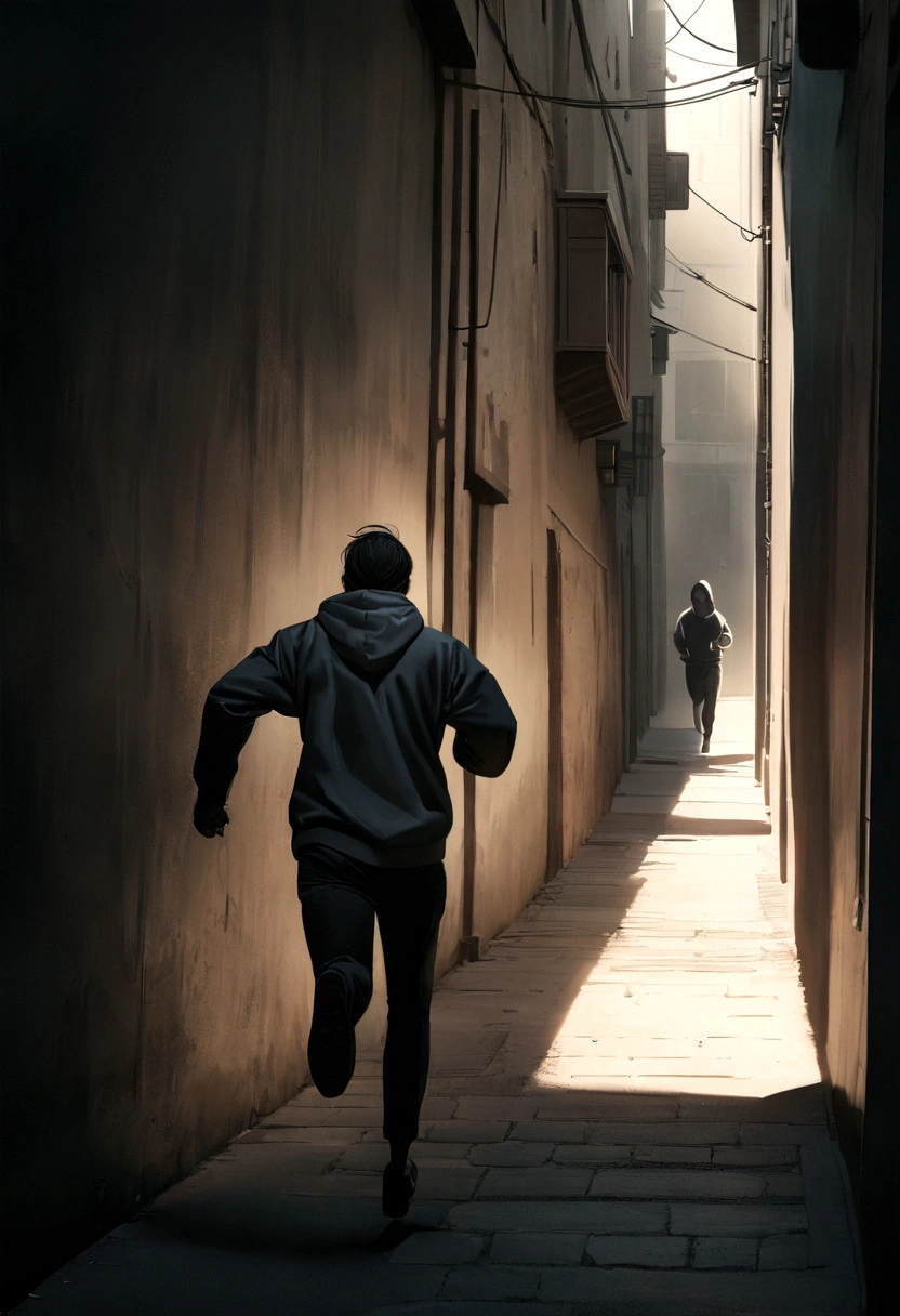 "A thin man with short black hair, wearing a hoodie, running backwards through a dark alley, minimalist character, 8k resolution, high definition, photorealistic, cinematic lighting, melancholic atmosphere, dramatic shadows, muted color palette."






