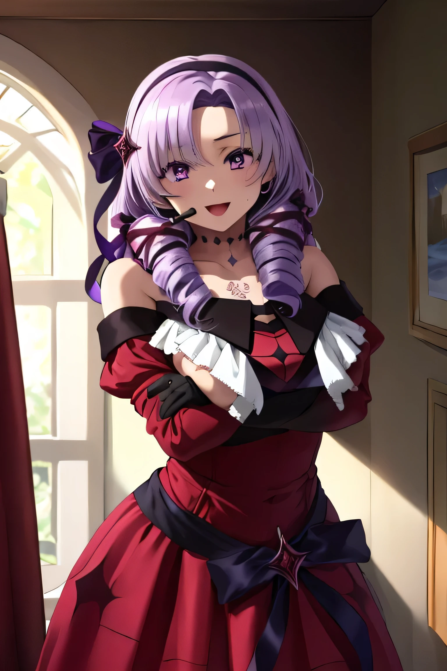 beautiful, (masterpiece:1.2), (Highest quality:1.2), Perfect Eyes, Perfect Face, Perfect lighting,One girl, Oily skin,masterpiece, Highest quality, High resolution, (Salome), Drill Hair, Parted bangs, hair band, ribbon, Purple eyes, Large Breasts, tattoo, ((Red dress)),Long sleeve, Bare shoulders, Black gloves, Cowboy shot ojou-sama pose, Open your mouth, ((headset)),soine
