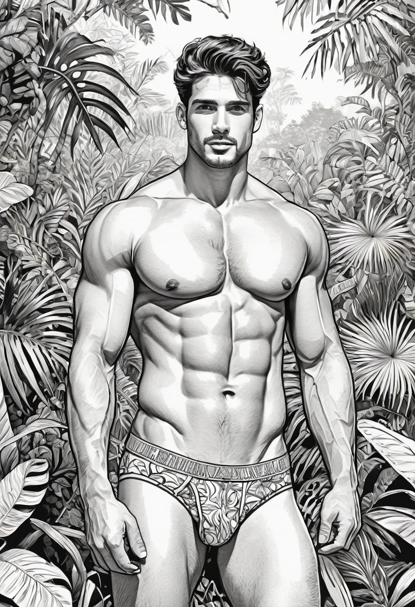 Coloring page for adults, com arte em preto e branco, um homem bonito, com lindos olhos, vestindo apenas cueca brancos, com estilo cativante, galante, sedutor, muito sensual, sexually provocative action, large volume of penis highlighted in underwear, comprimento total do corpo, desenho ultra detalhado, this man is in a jungle, com uma bela paisagem, estilo realista, fundo branco, sketch style, apenas contornos, estilo de desenho animado, Linhas finas, livro de colorir, Linhas limpas, sharp lines, arte de linha limpa altamente detalhada, obras de arte requintadas.